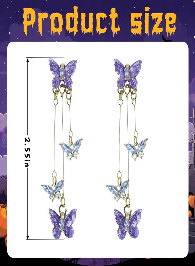 Voiiake Purple Butterfly Earrings for Women with Lavender Dress, Sparkle Crystal Halloween Dangle Earrings for Fairy Dress, Butterfly Costume & Singer Costume Outfits - Image 2